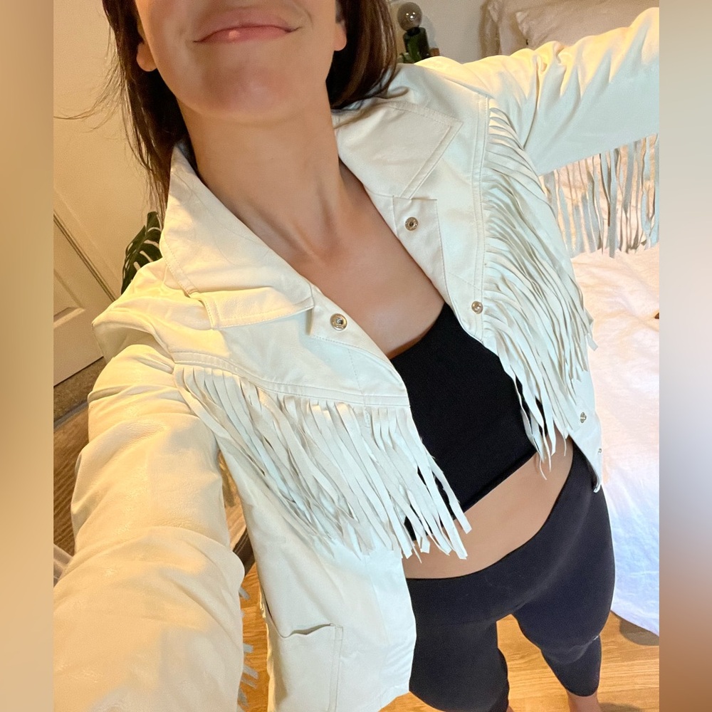 White fringe faux leather cowboy jacket